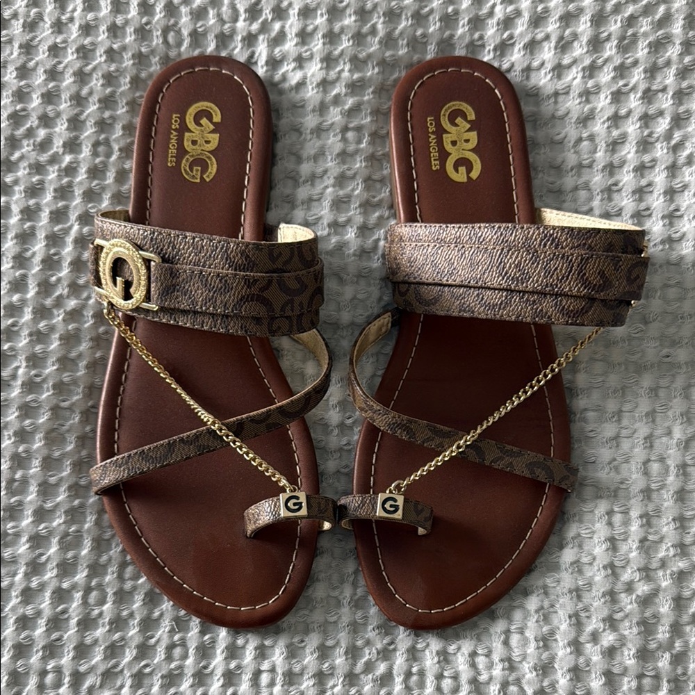 GBG Los Angeles Brown and Gold Sandals with Cross-Strap Design